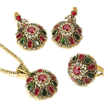 NEW ARRIVAL - Fashion Antique Gold Ethnic Style Crystal Flower Earring Ring Boho Jewellery Sets - The Jewellery Supermarket